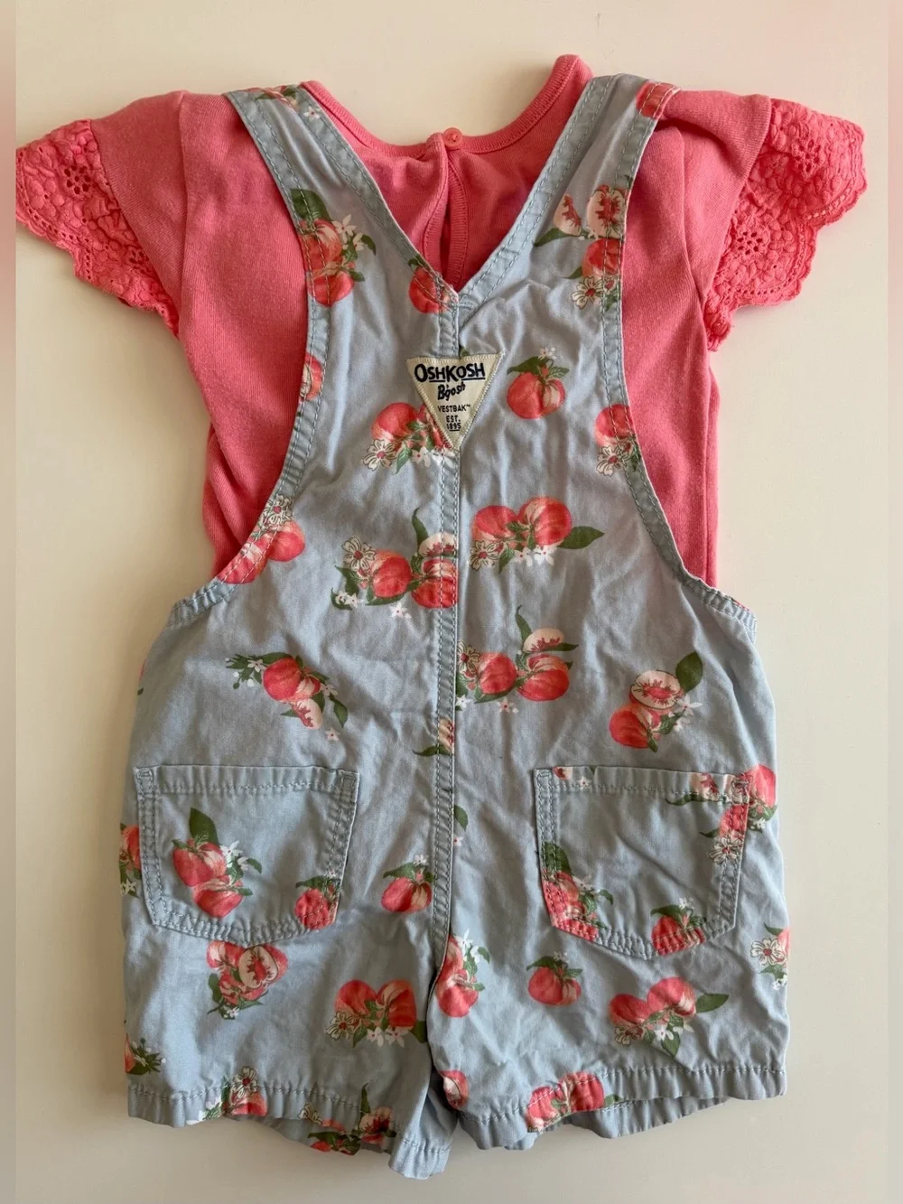 OshKosh B'gosh Girls 3T Pink Embroidered Tee with Light Blue Peach Shortall Set